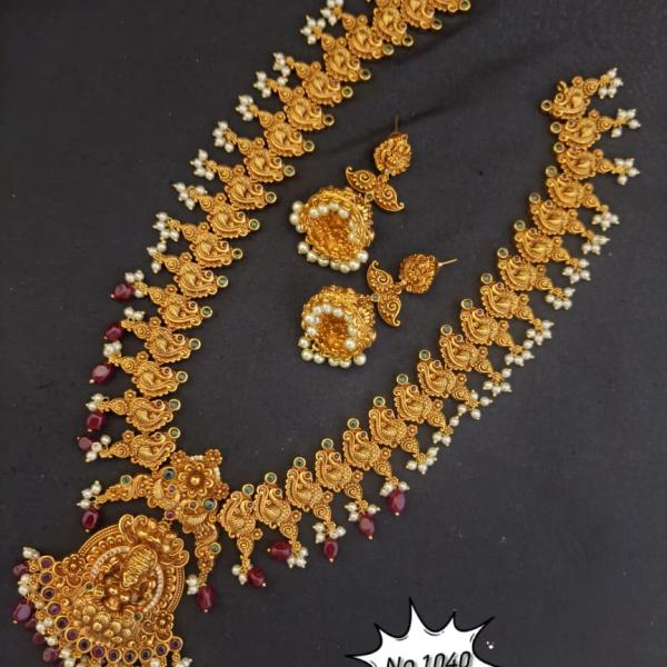Antique Matte Gold Goddess Lakshmi Temple Long Haram Set with Peacock Motifs & Pearl Jhumkas