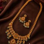Antique Gold Floral & Mango Motif Long Temple Haram Set with Pearl Cluster Drops
