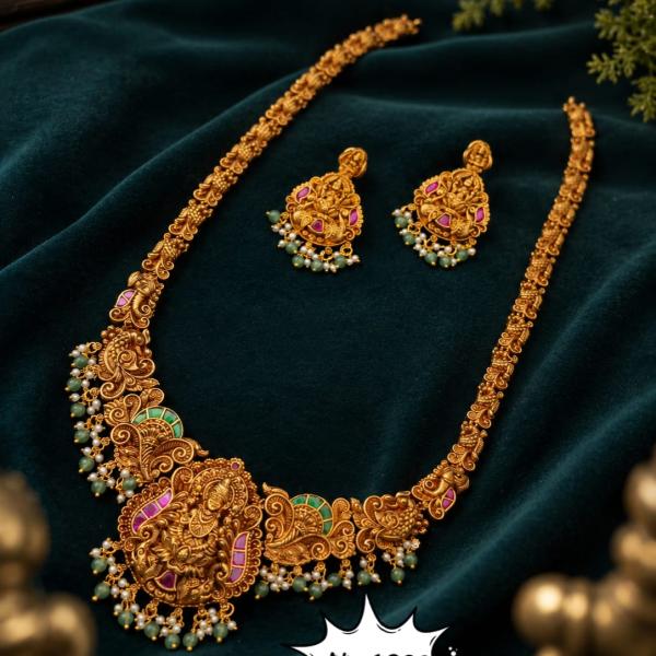 Matte Gold Temple Haram Set with Green Beads | CML JEWELLERS