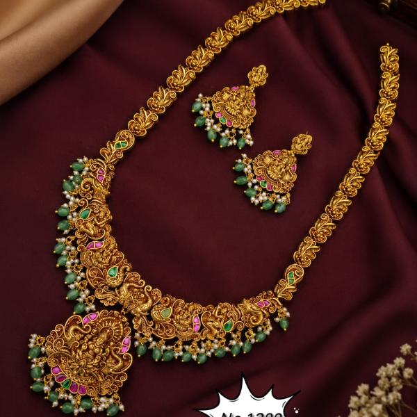 Antique Gold Temple Necklace Set with Green Beads | CML JEWELLERS