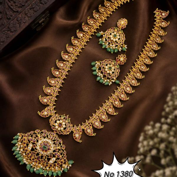 Antique Gold Temple Haram Set with Green Beads | CML JEWELLERS