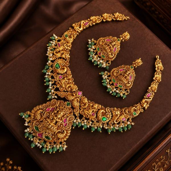 Antique Gold Temple Necklace Set with Green Beads | CML JEWELLERS
