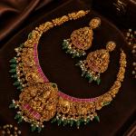 Antique Gold Temple Necklace Set with Green Beads | CML JEWELLERS