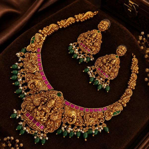 Antique Gold Temple Necklace Set with Green Beads | CML JEWELLERS