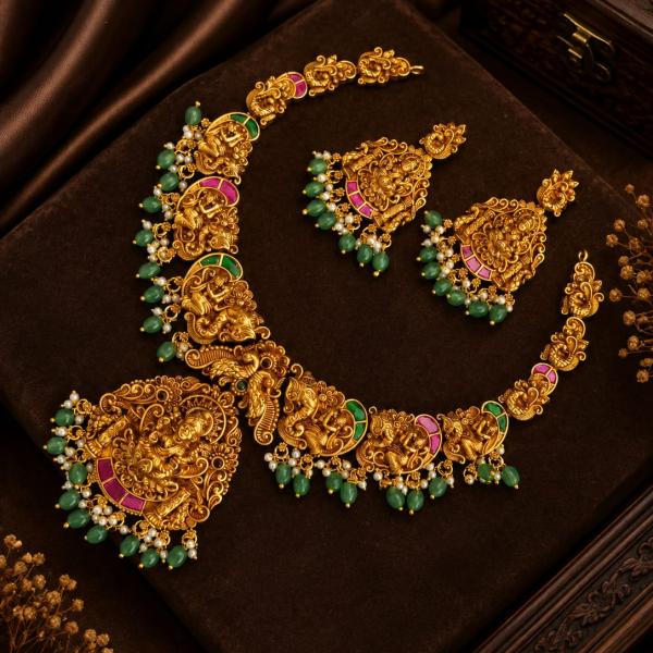 Antique Gold Temple Necklace Set with Green Beads | CML JEWELLERS
