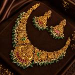 Antique Gold Temple Necklace Set with Green Beads | CML JEWELLERS