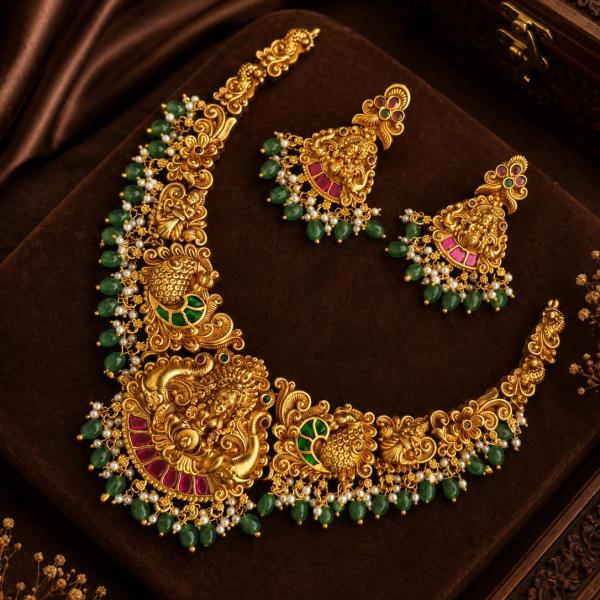 Antique Gold Temple Necklace Set with Green Beads | CML JEWELLERS