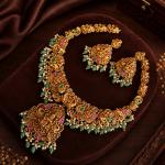 Antique Gold Temple Necklace Set with Green Beads | CML JEWELLERS