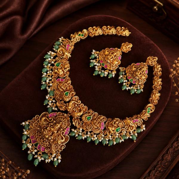 Antique Gold Temple Necklace Set with Green Beads | CML JEWELLERS