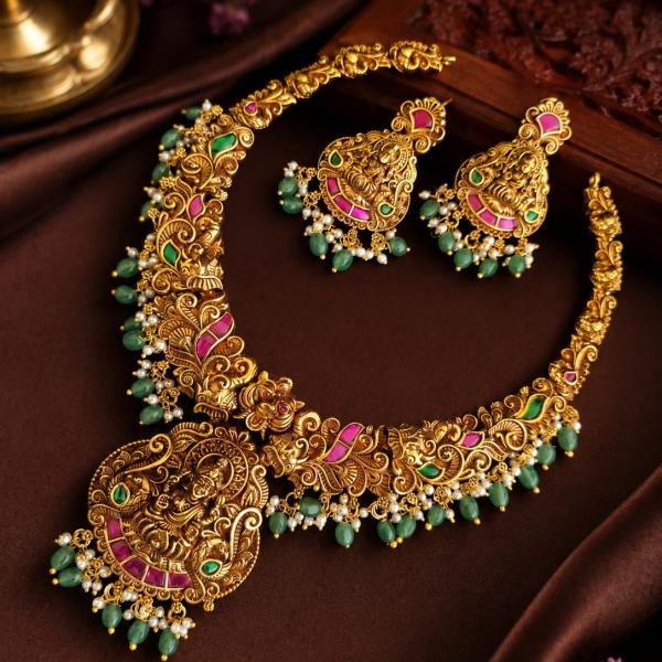 Antique Gold Temple Necklace Set with Green Beads | CML JEWELLERS