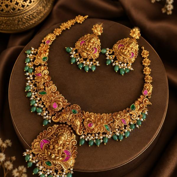Antique Gold Temple Necklace Set with Green Beads | CML JEWELLERS