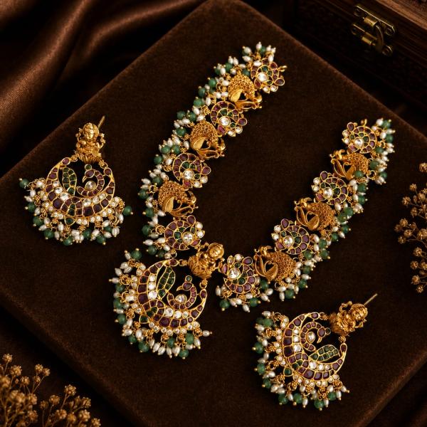 Antique Gold Peacock Chandbali Necklace Set | CML JEWELLERS