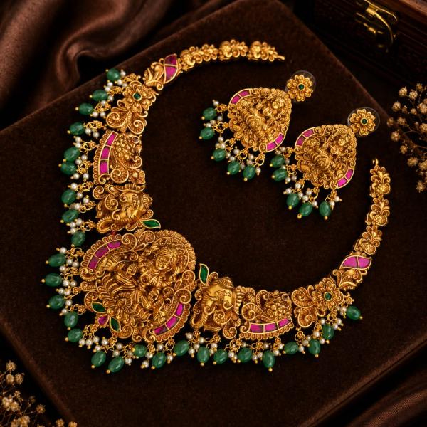 Antique Gold Temple Necklace Set with Green Beads | CML JEWELLERS