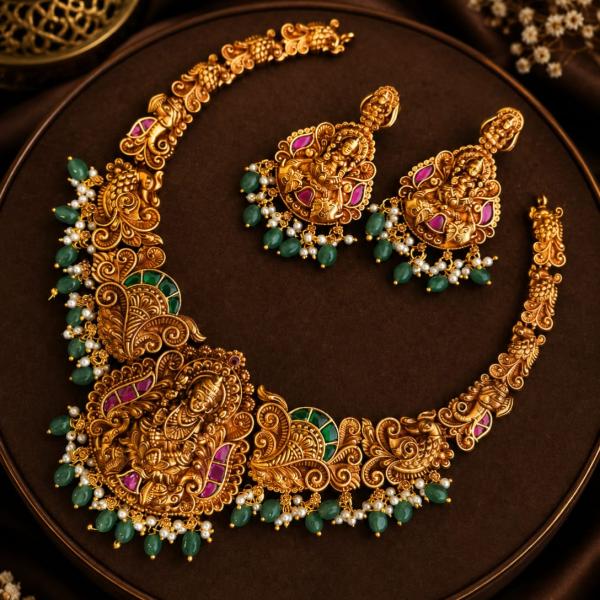 Antique Gold Temple Necklace Set with Green Beads | CML JEWELLERS