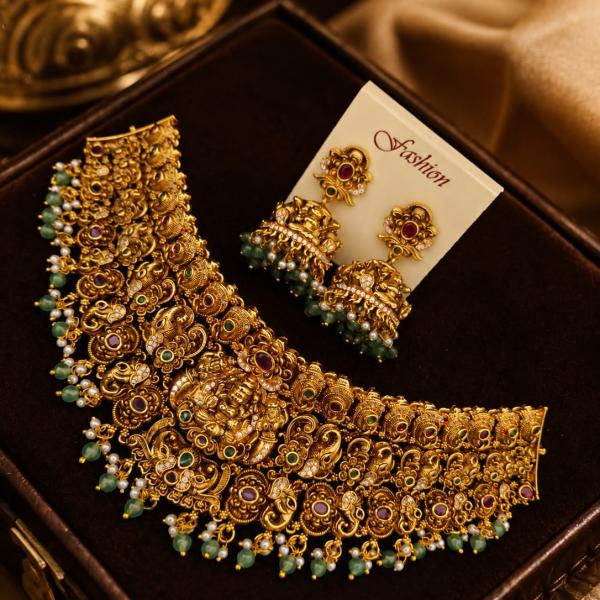 Antique Gold Temple Necklace Set with Earrings | CML JEWELLERS