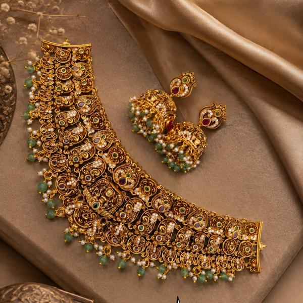 Antique Gold Temple Necklace Set with Earrings | CML JEWELLERS