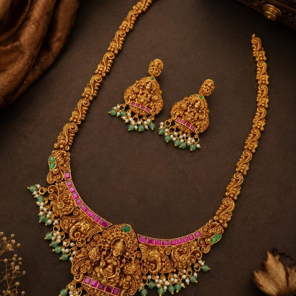 Antique Gold Temple Necklace Set with Earrings | CML JEWELLERS