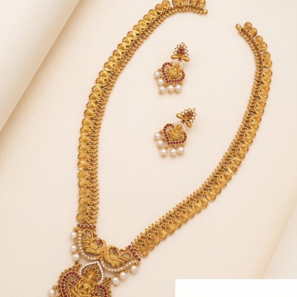 Traditional South Indian Gold-Plated Kasu Haram Temple Jewelry Set with Goddess Lakshmi Pendant & Matching Jhumkas